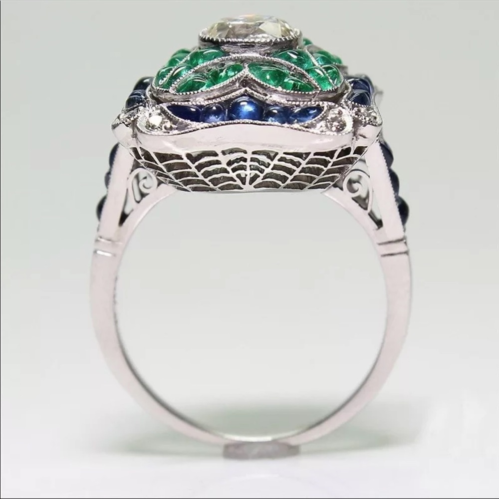 2CT Blue Crystal & 1.30CT Green Rhinestone Ring - Picture 5 of 5